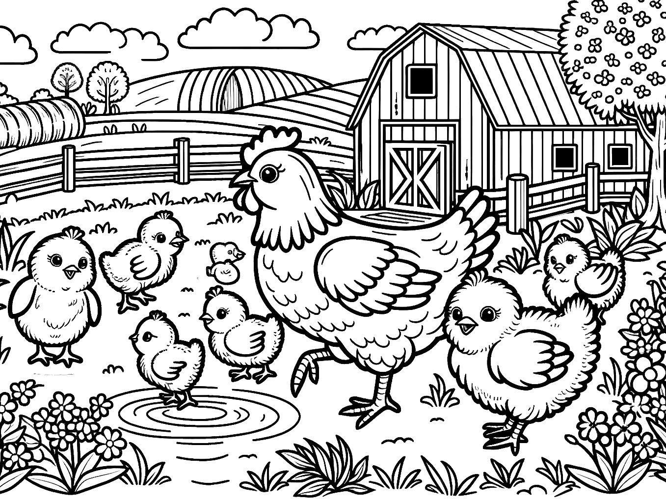 chicken farm house coloring page