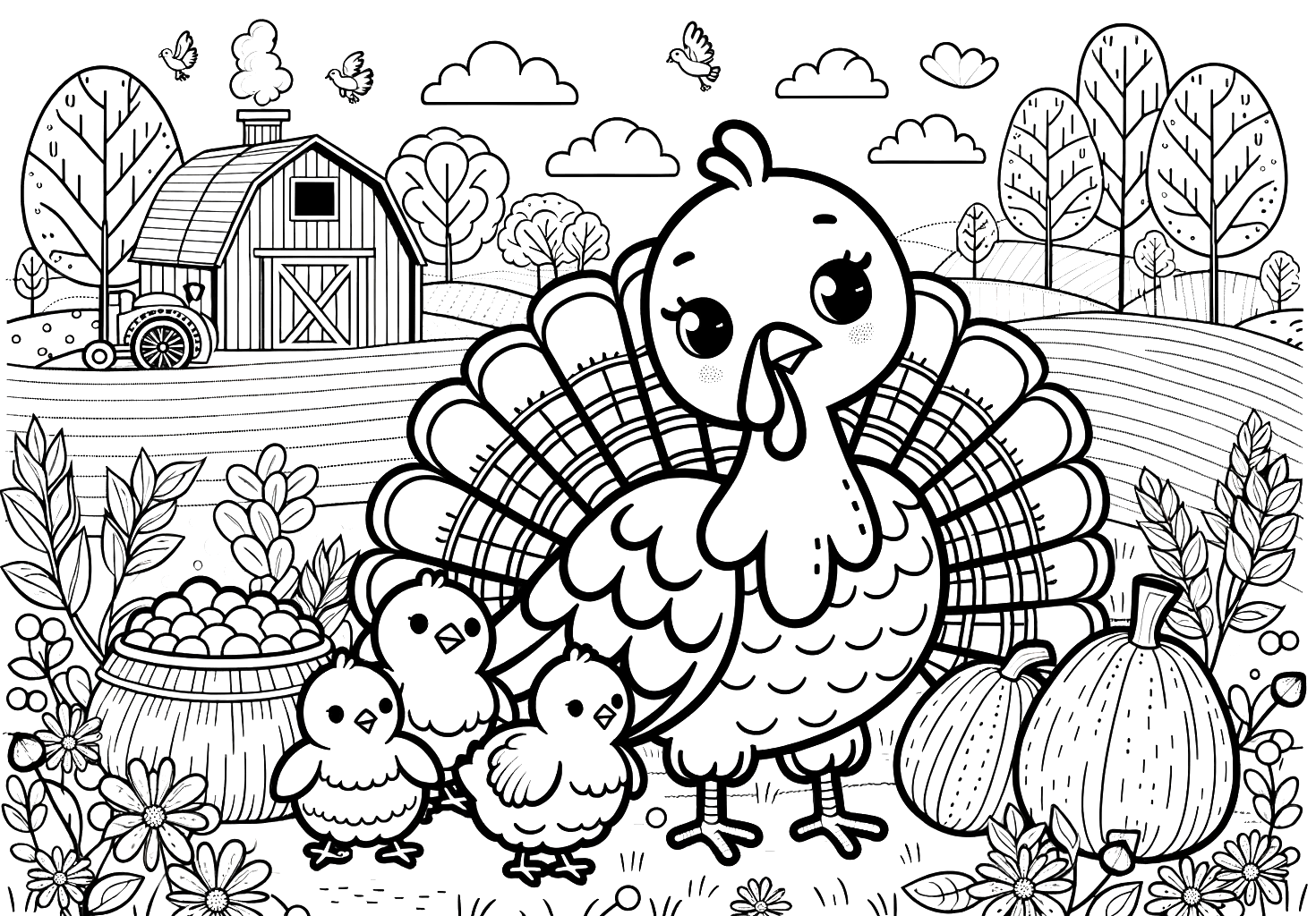 turkey chicks farmhouse coloring page