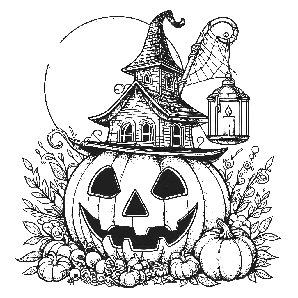 Halloween-Jack-O-Lantern-Pumpkin-Haunted-House-hat-Halloween-coloring pages