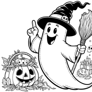 casper-the-ghost-jack-o-lantern-wizard-hat-broom-pumpkin-halloween coloring-pages