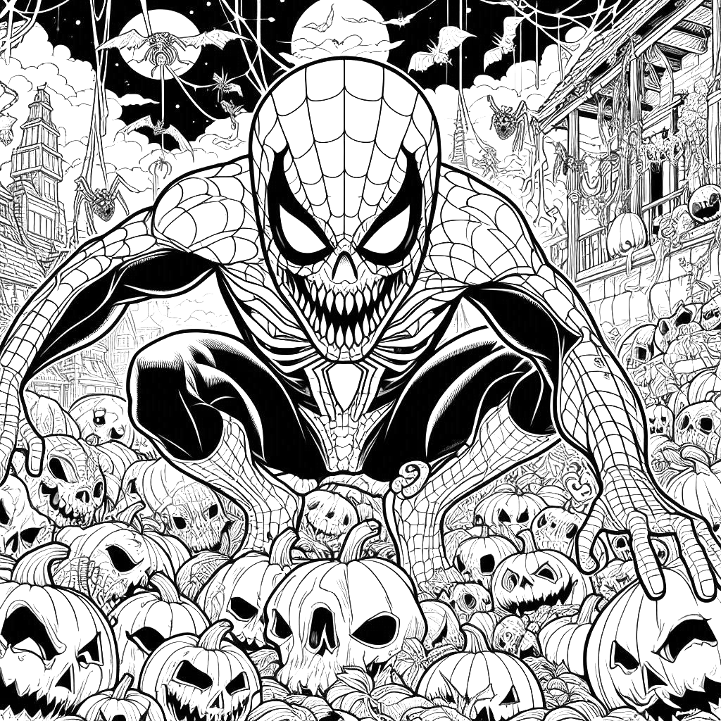 creepy-spiderman-jack-o-lantern-pumpkin-moonlight-halloween-coloring pages