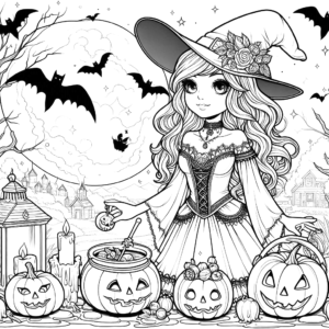 cute-halloween-witch-bats-hat-jack-o-lantern-pumpkin-halloween-coloring-pages