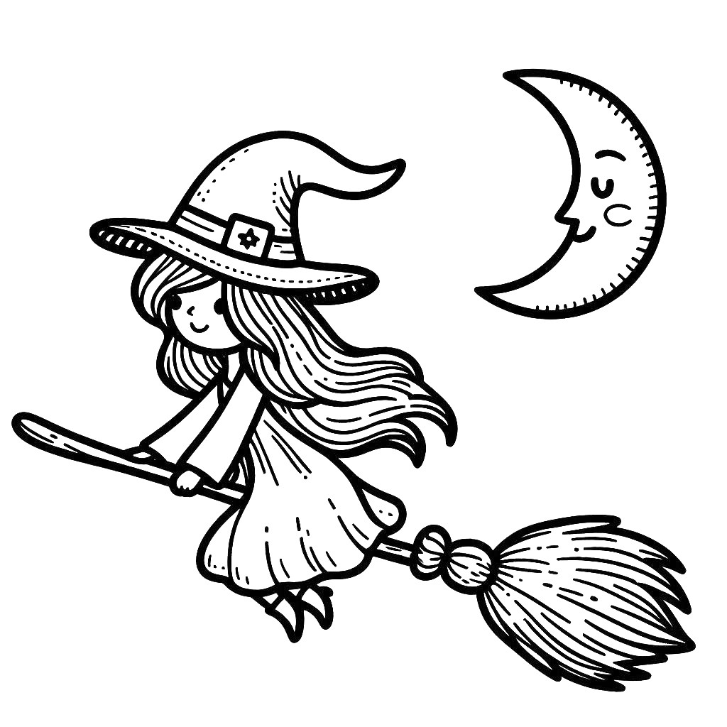 cute-halloween-witch-on-broom-cresent-halloween-coloring-pages