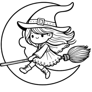 cute-halloween-witch-on-broom-cresent-hat-halloween-coloring-pages