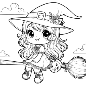 cute-halloween-witch on-broom-jack-o-lantern-pumpkin-clouds-halloween-coloring-pages