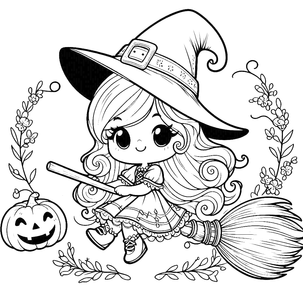 cute-halloween-witch on-broom-jack-o-lantern-pumpkin-halloween-coloring-pages