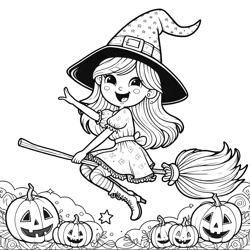 cute-halloween-witch-on-broom-jack-o-lantern-pumpkin-hat-halloween-coloring-pages