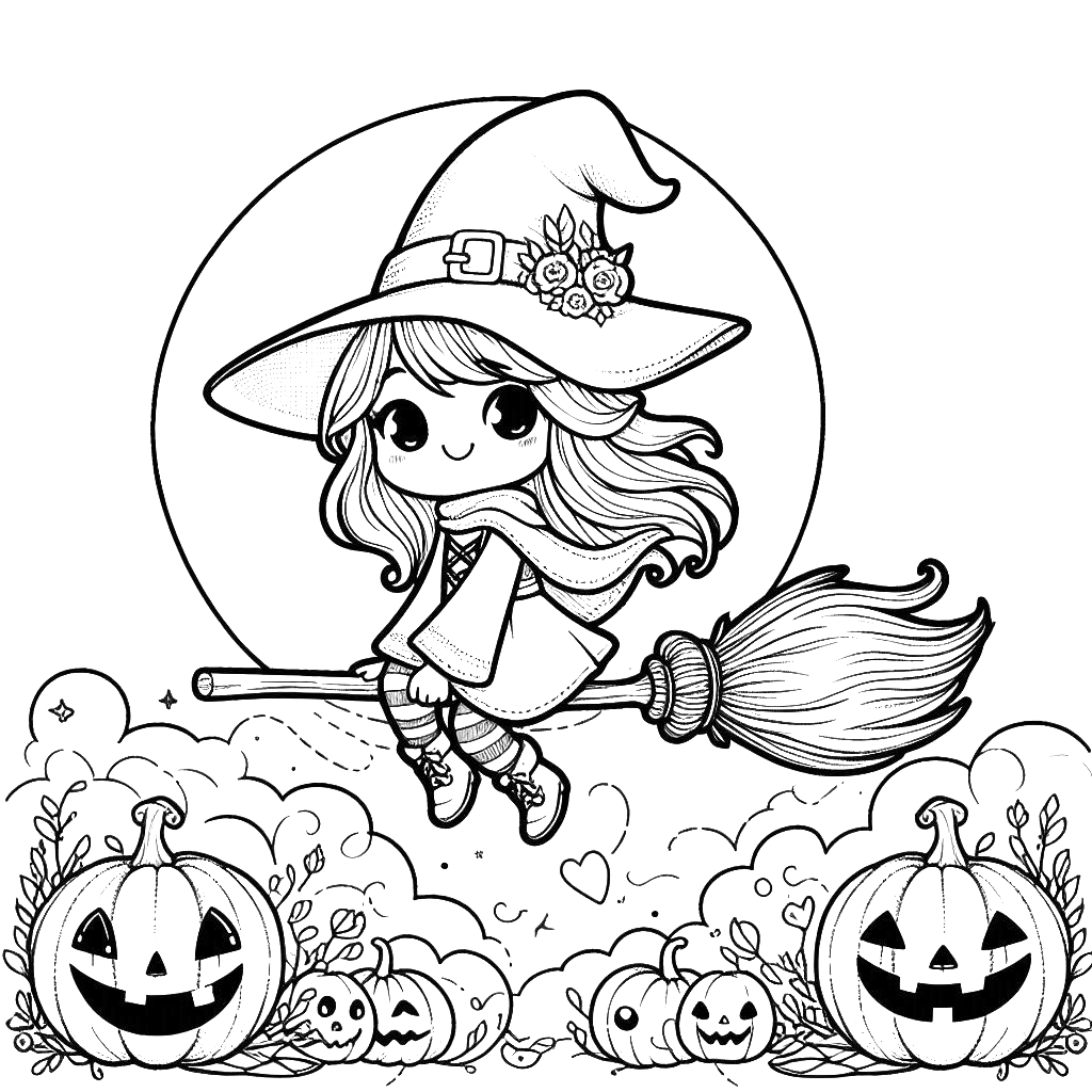 cute-halloween-witch on-broom-jack-o-lantern-pumpkin-moonlight-halloween-coloring-pages