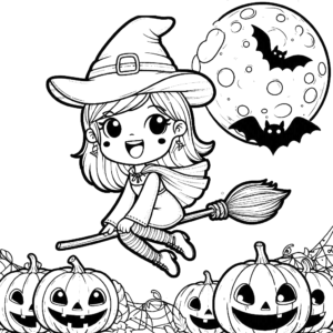 cute-halloween-witch-on-broom-moon-bats-jack-o-lantern-pumpkin-halloween-coloring-pages