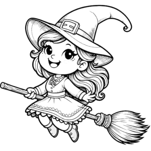 cute-smiling-halloween-witch-on-broom--halloween-coloring-pages