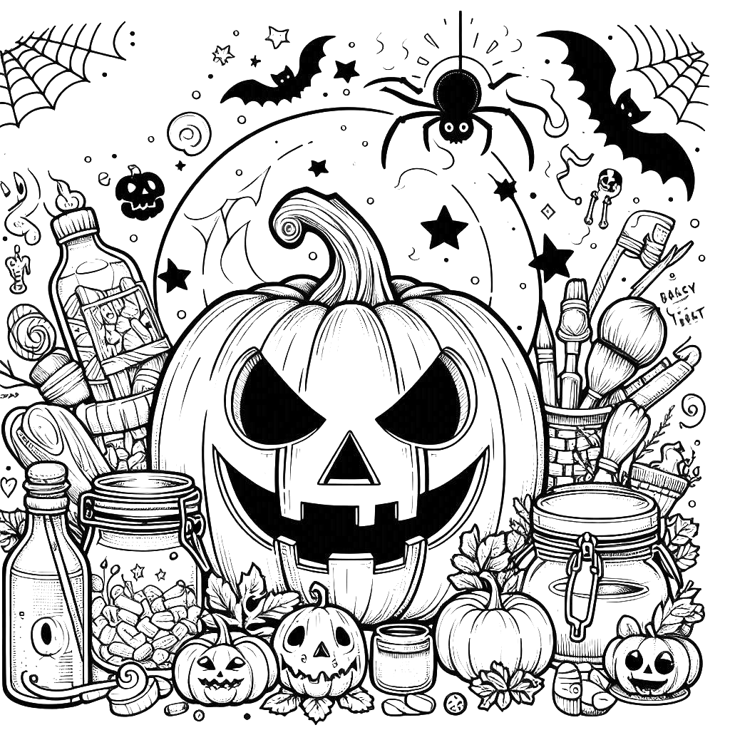 halloween-creepy-jack-o-lantern-pumpkin-bat--potion-halloween-coloring pages