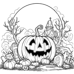 halloween-creepy-jack-o-lantern-pumpkin-graveyard-halloween-coloring pages