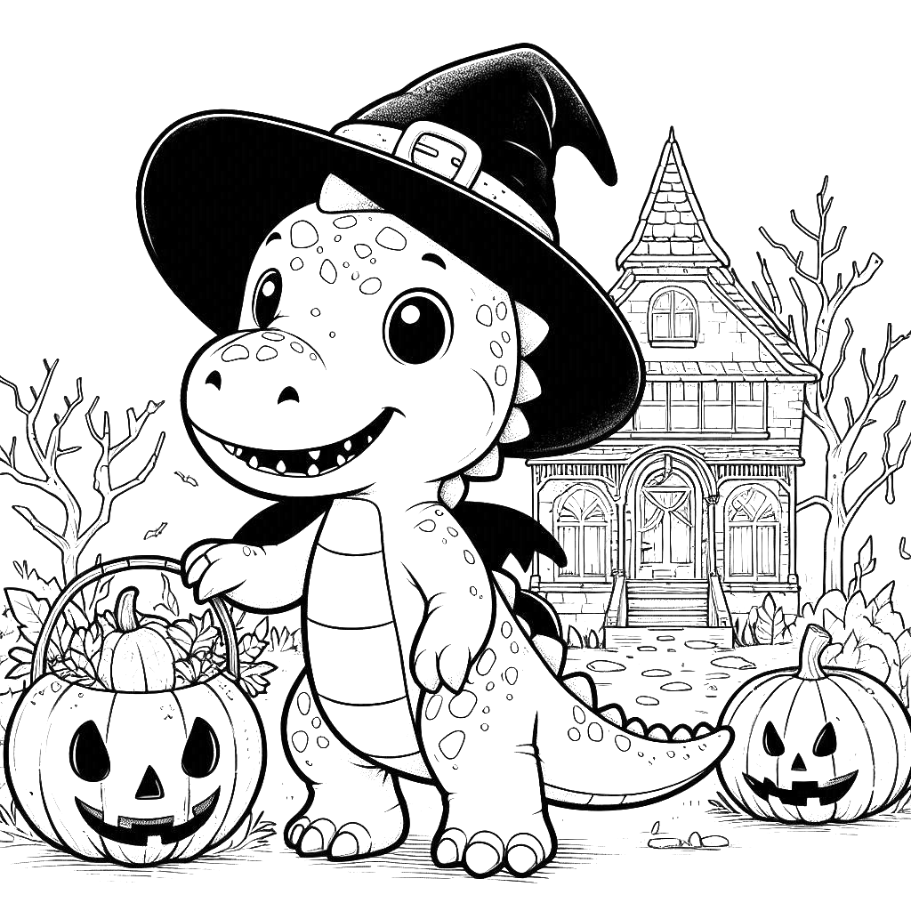 halloween-cute-dinosaur-trex-haunted-house-jack-o-lantern-halloween-coloring-pages