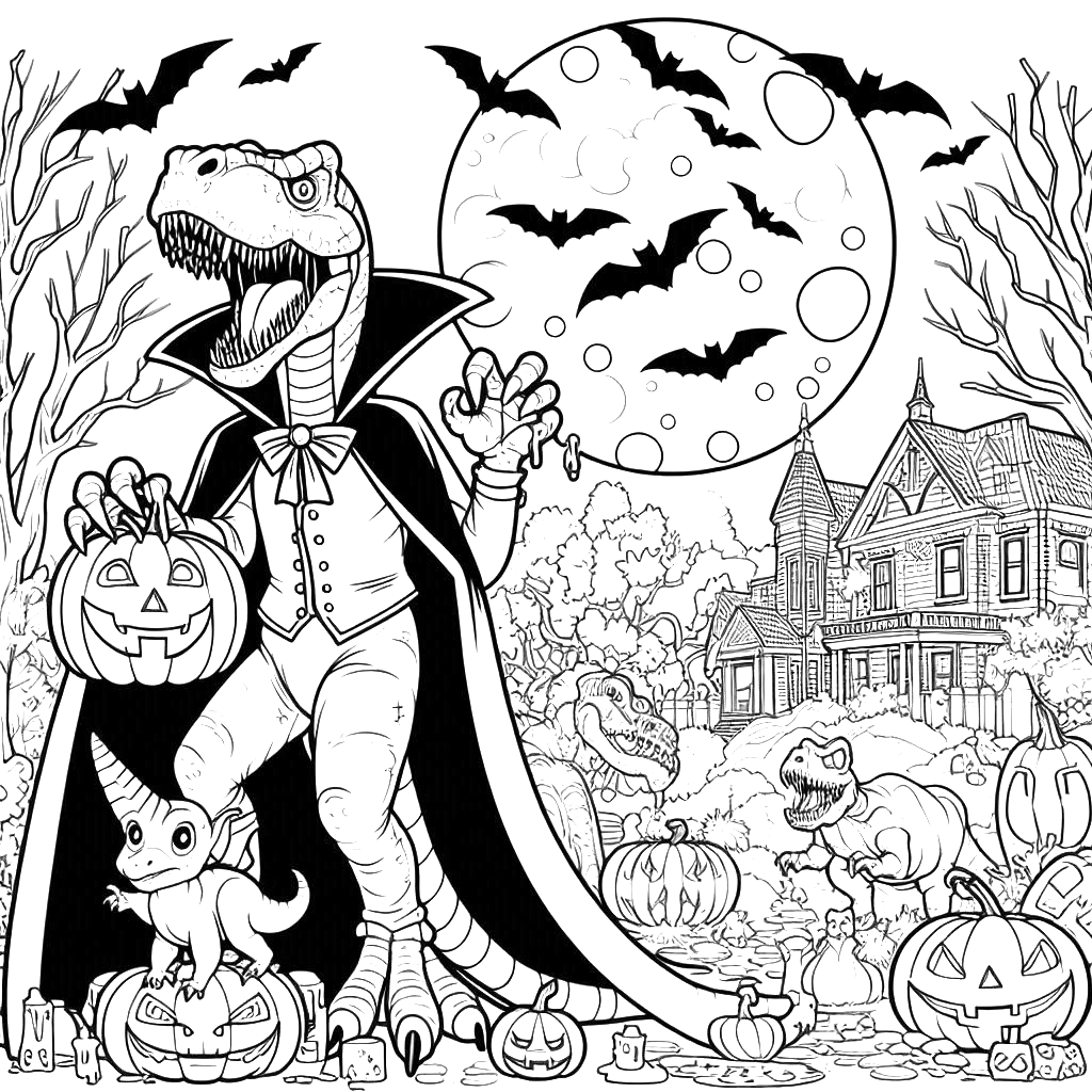 halloween-dinosaur-dracula-trex-bats-moonlight-jack-o-lantern-moon-halloween-coloring-pages