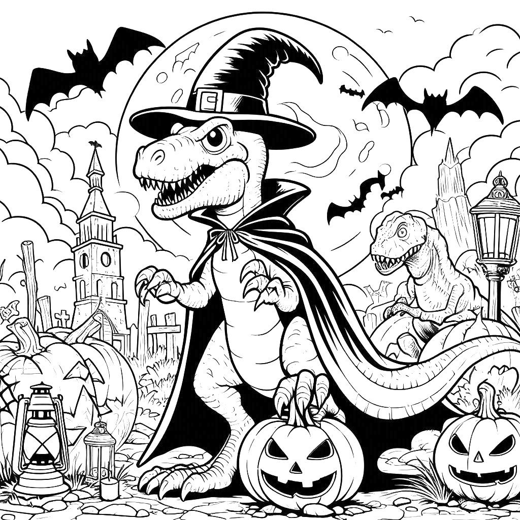 halloween-dinosaur-trex-bats-moonlight-jack-o-lantern-halloween-coloring-pages