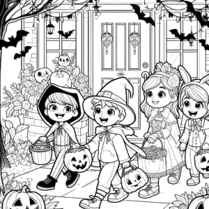 halloween-trick-or-treat-kids-costumes-bats-house-halloween-coloring-pages