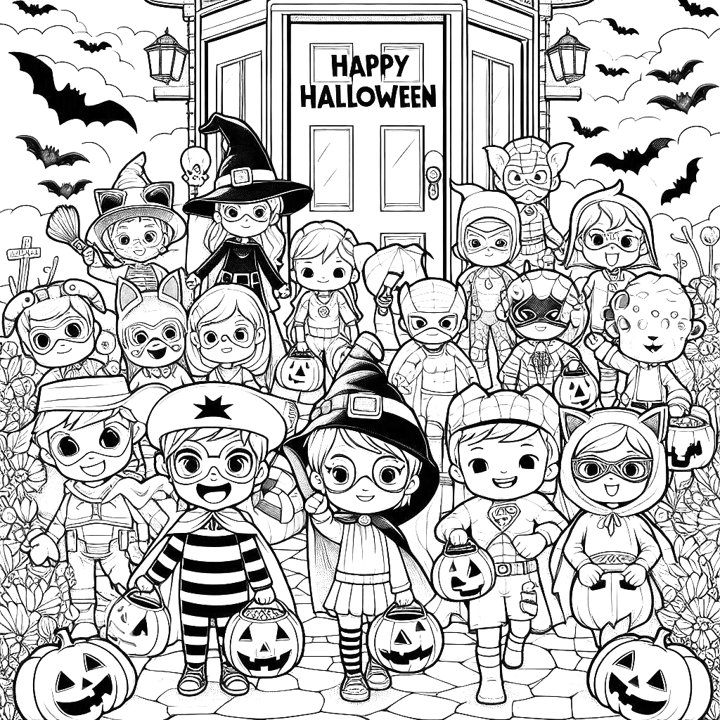 halloween-trick-or-treat-kids-costumes-bats-house-happy-halloween-coloring-pages