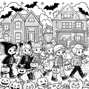 halloween-trick-or-treat-kids-costumes-friends-bats-halloween-coloring-pages