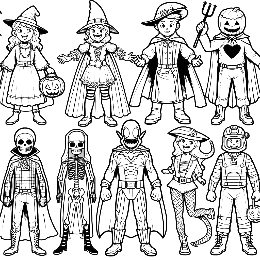 halloween-trick-or-treat-kids-costumes-witch-hats-halloween-coloring-pages