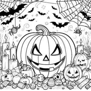 jack-o-lantern-pumpkin-bats-spider-web-halloween-coloring-pages