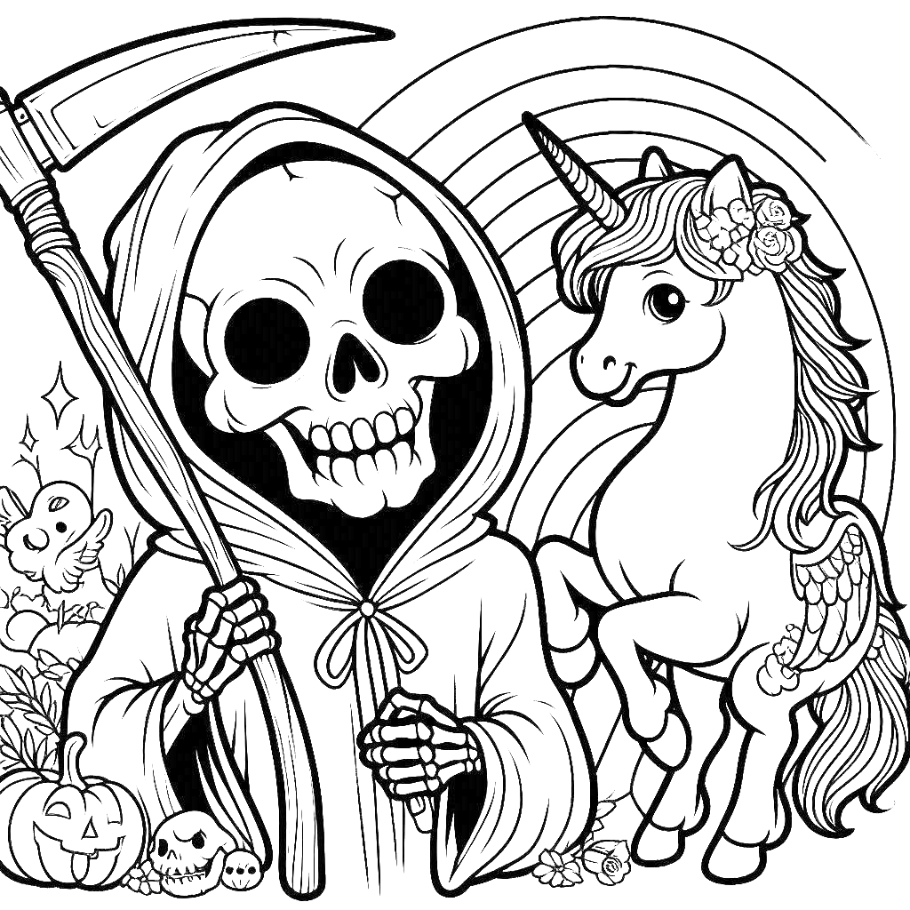 Grim-reaper-with-unicorn-halloween-coloring-pages