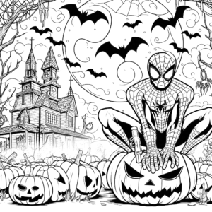 spiderman-jack-o-lantern-pumpkin-haunted-house-bats-halloween-coloring pages