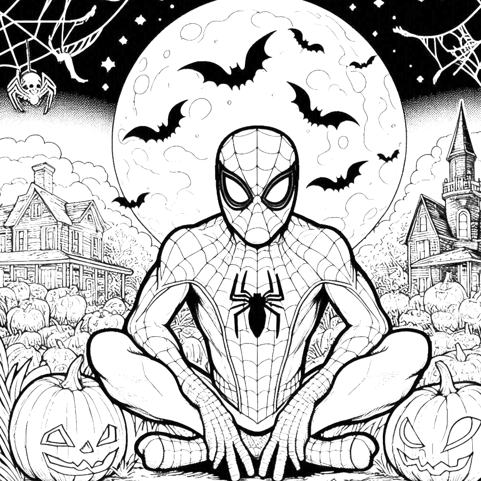 spiderman-jack-o-lantern-pumpkin-moonlight-haunted-house-halloween-coloring pages