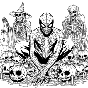 spooky-spiderman-witches-skeleton-halloween-coloring pages