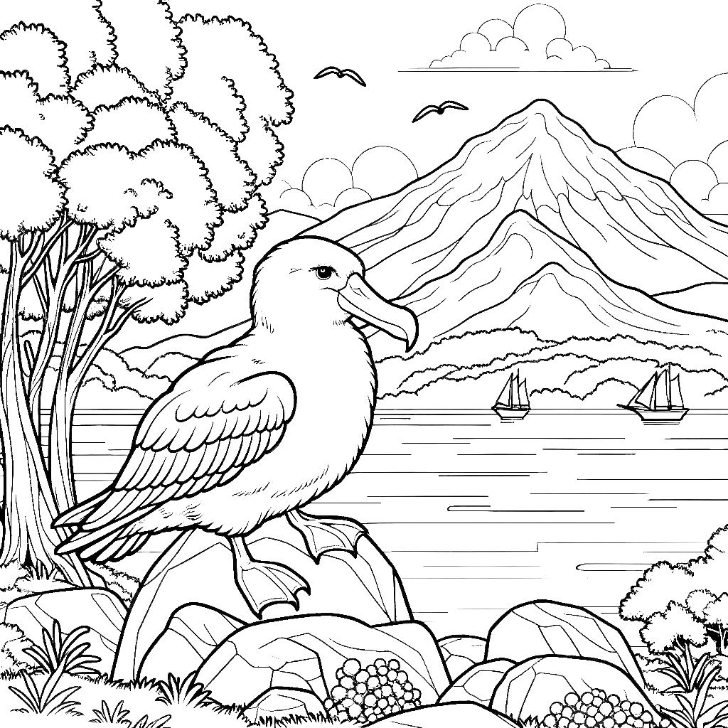 albatross-bird-ocean-mountain-boats-coloring-pages