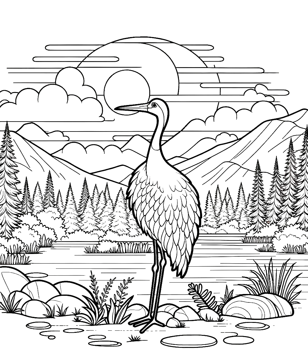 crane-sunset-coloring-pages