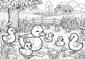 duck-ducklings-farmhouse-coloring-page