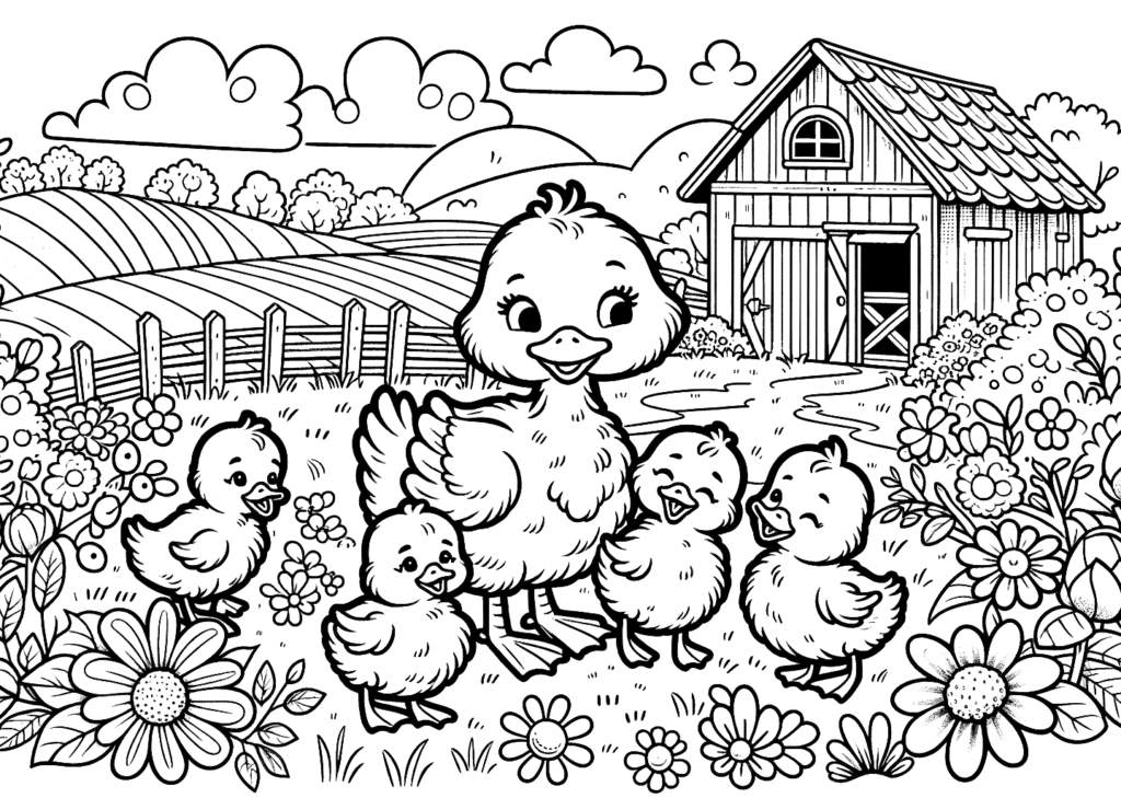 duck-ducklings-farmhouse-coloring-pages