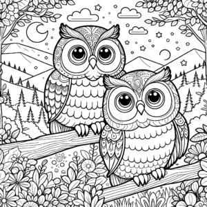 coloring page of two owls sitting on a branch