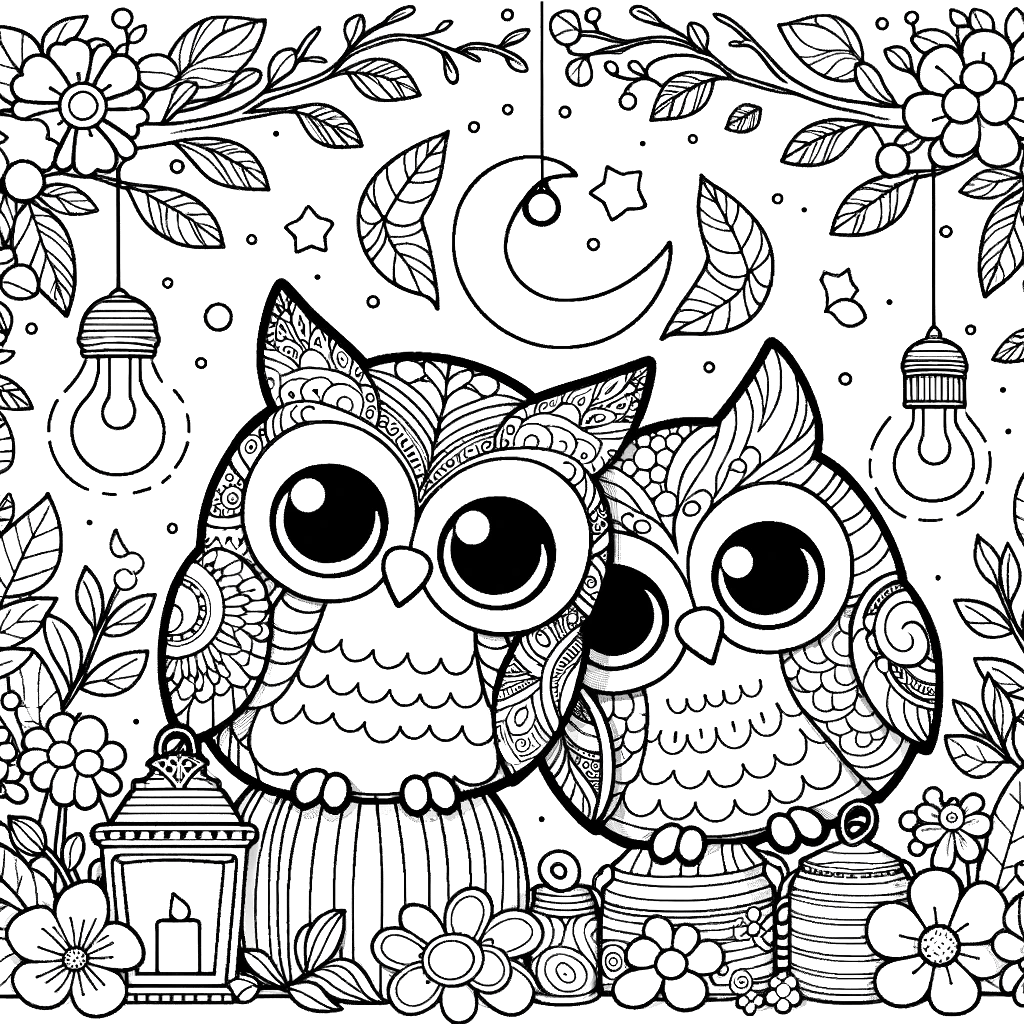 a coloring page of two owls