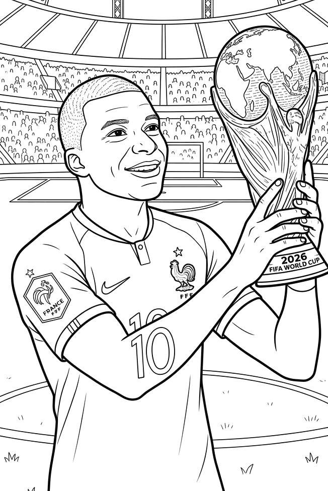 Kylian Mbappé holding 2026 world cup coloring page