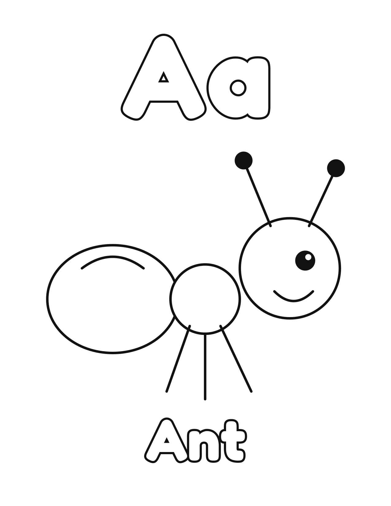 A is for Ant animal alphabet coloring page with a cute ant to color