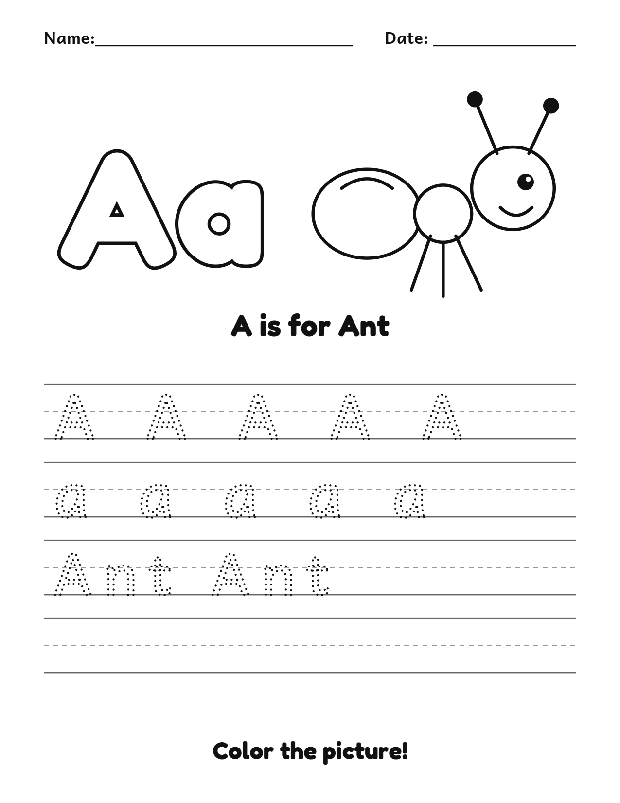 A is for Ant animal alphabet tracing worksheet with a ant picture and writing lines