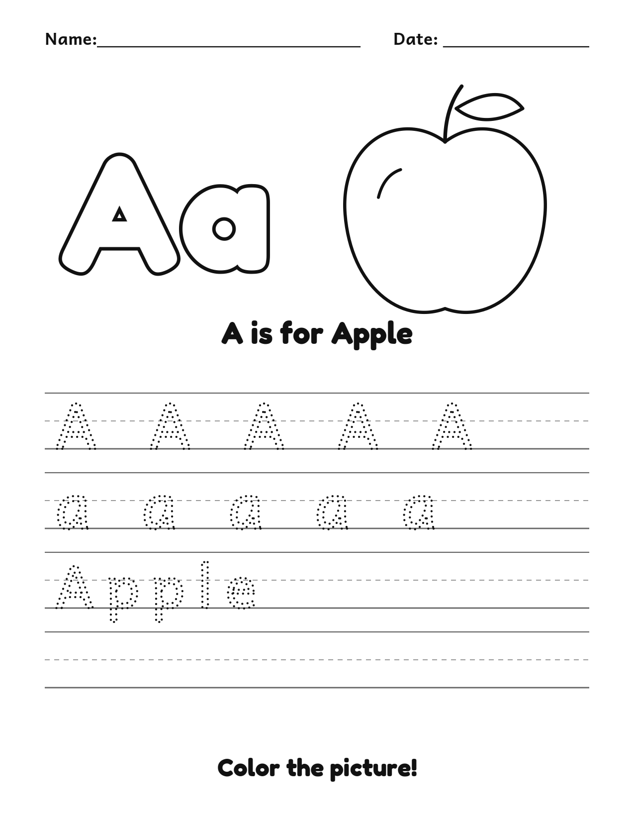 A is for Apple fruit and vegetable tracing worksheet with a apple picture and writing lines