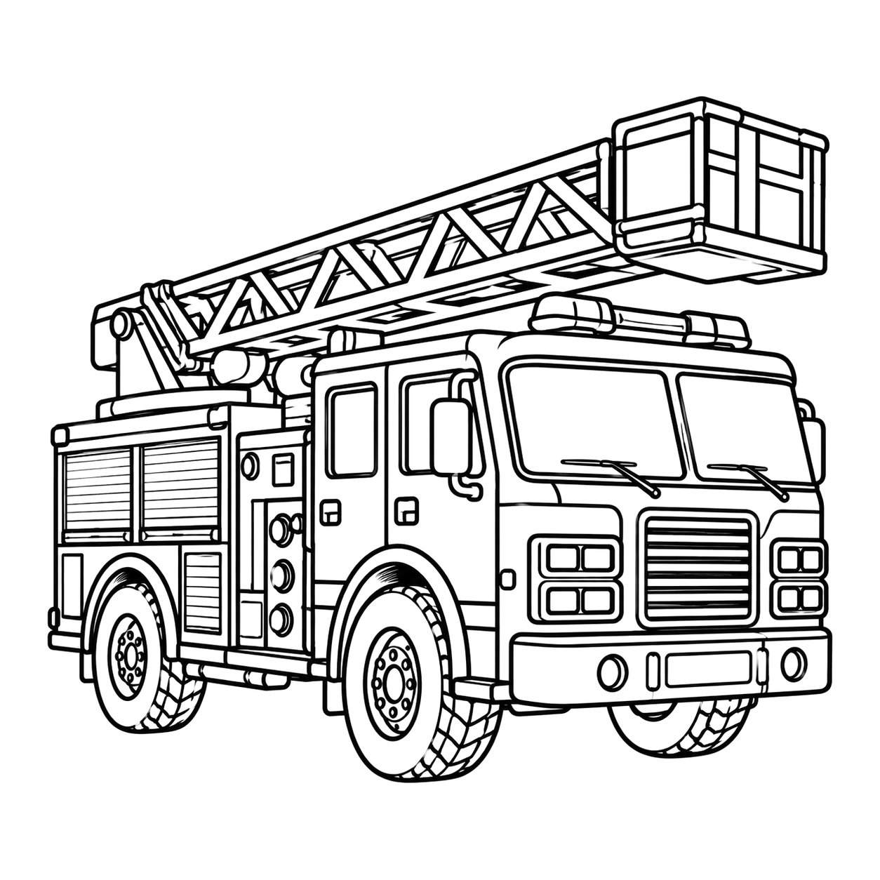 Aerial ladder fire truck coloring page: a fire truck with a tall aerial ladder to print and color
