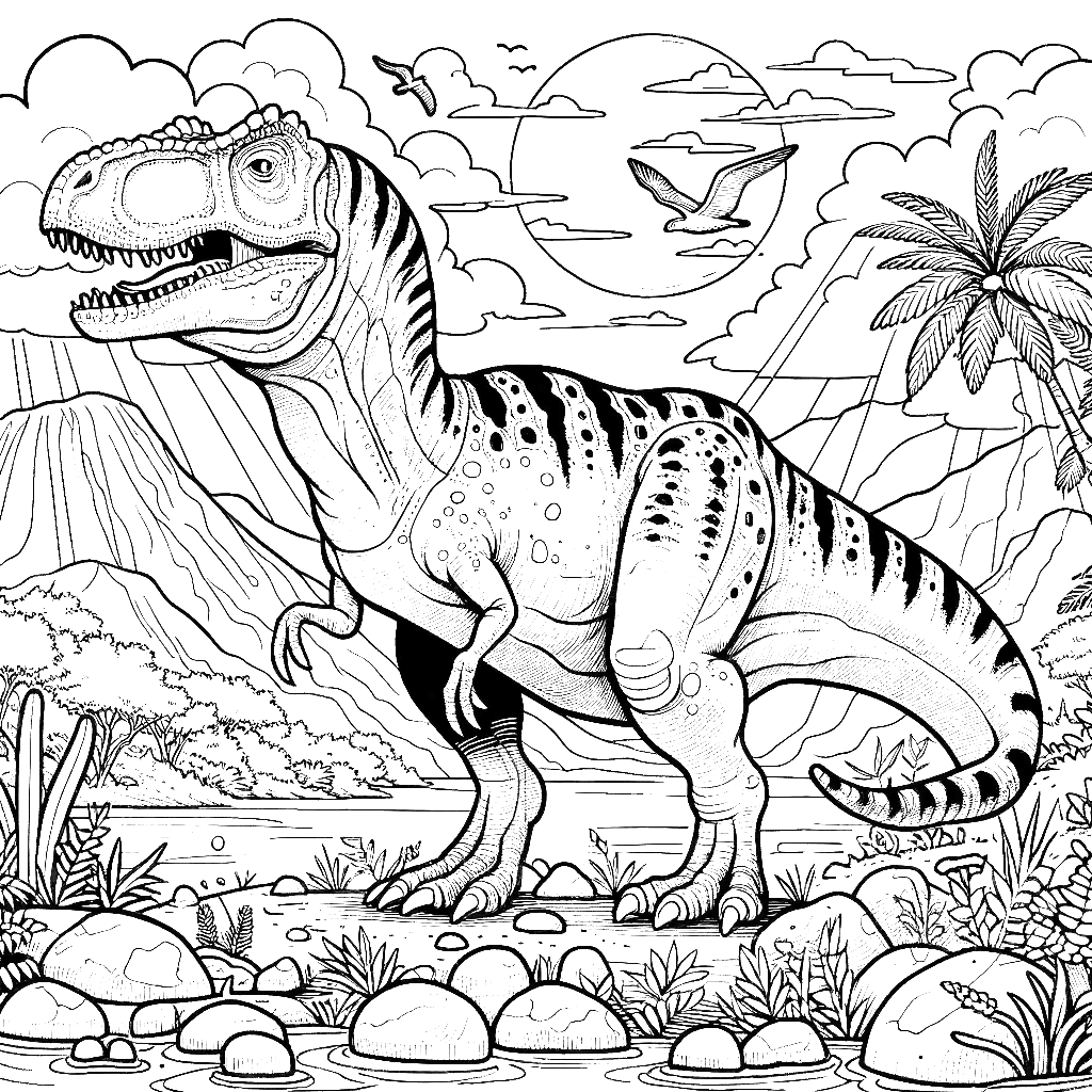 Free printable Allosaurus dinosaur coloring page 6 detailed line art