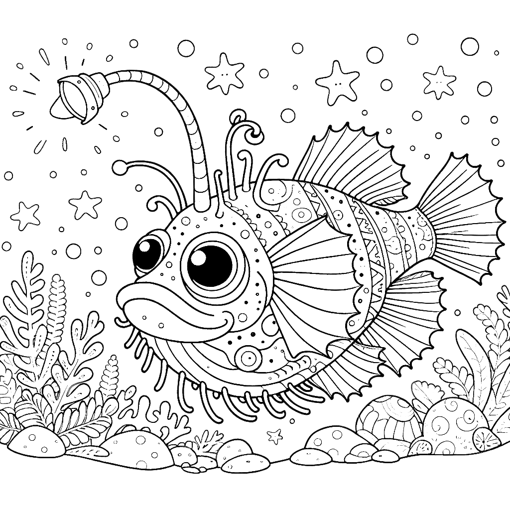 Free printable anglerfish coloring page 4 black and white outline