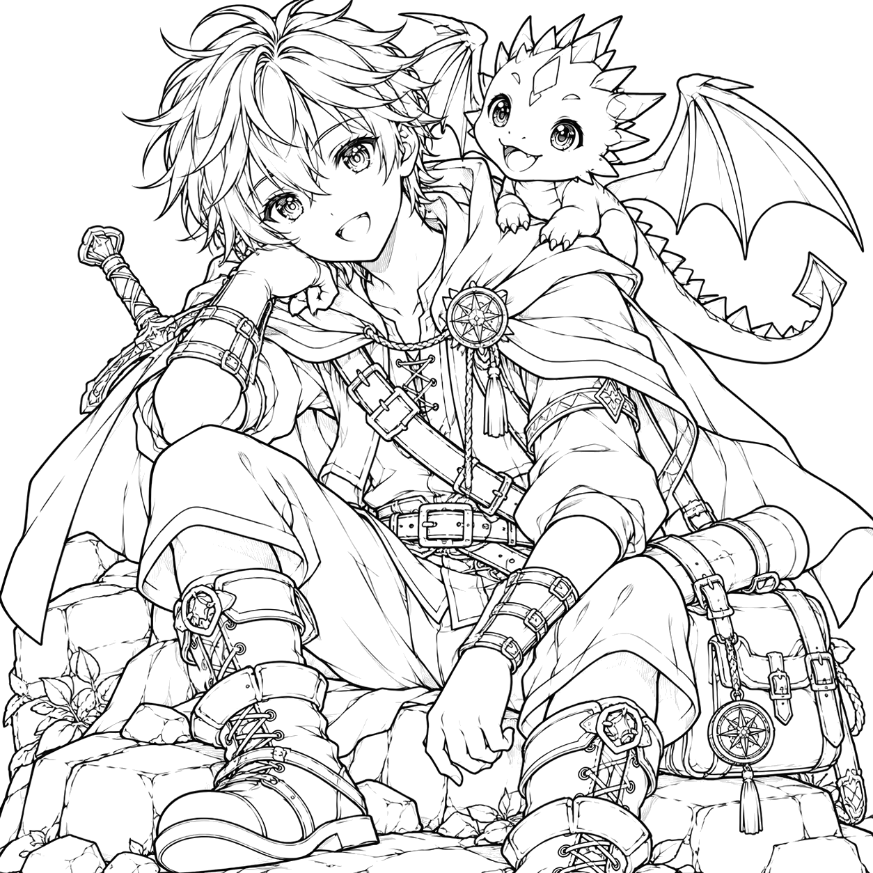 Adventurer and Dragon Companion: anime coloring page with detailed line art to print and color