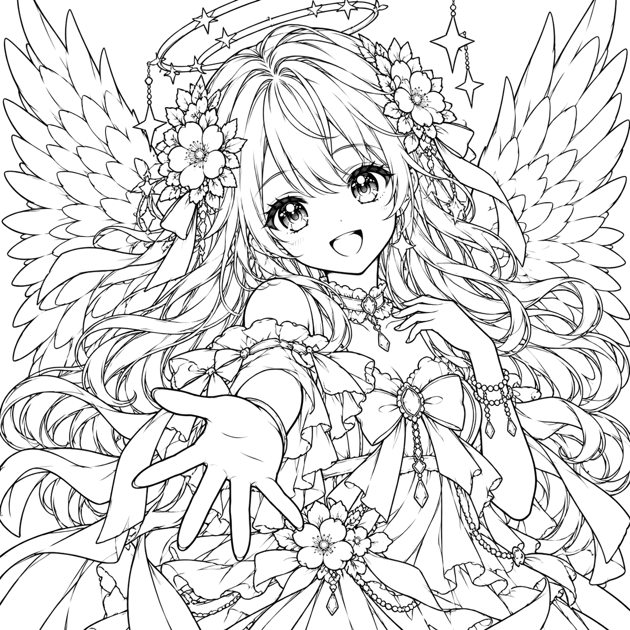 Angelic Floral Fantasy Portrait: anime coloring page with detailed line art to print and color