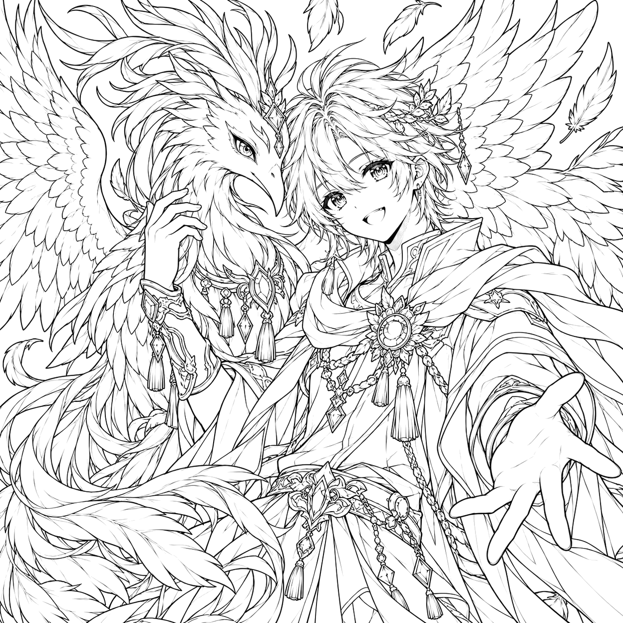 Anime Boy and Phoenix Fantasy Portrait: anime coloring page with detailed line art to print and color