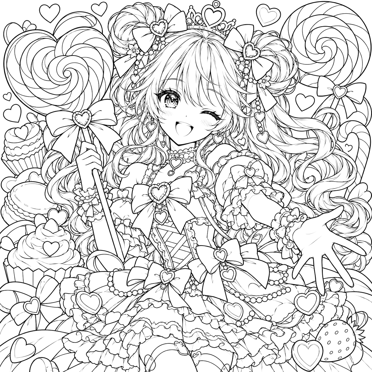 Candy Princess in a Whimsical Wonderland: anime coloring page with detailed line art to print and color
