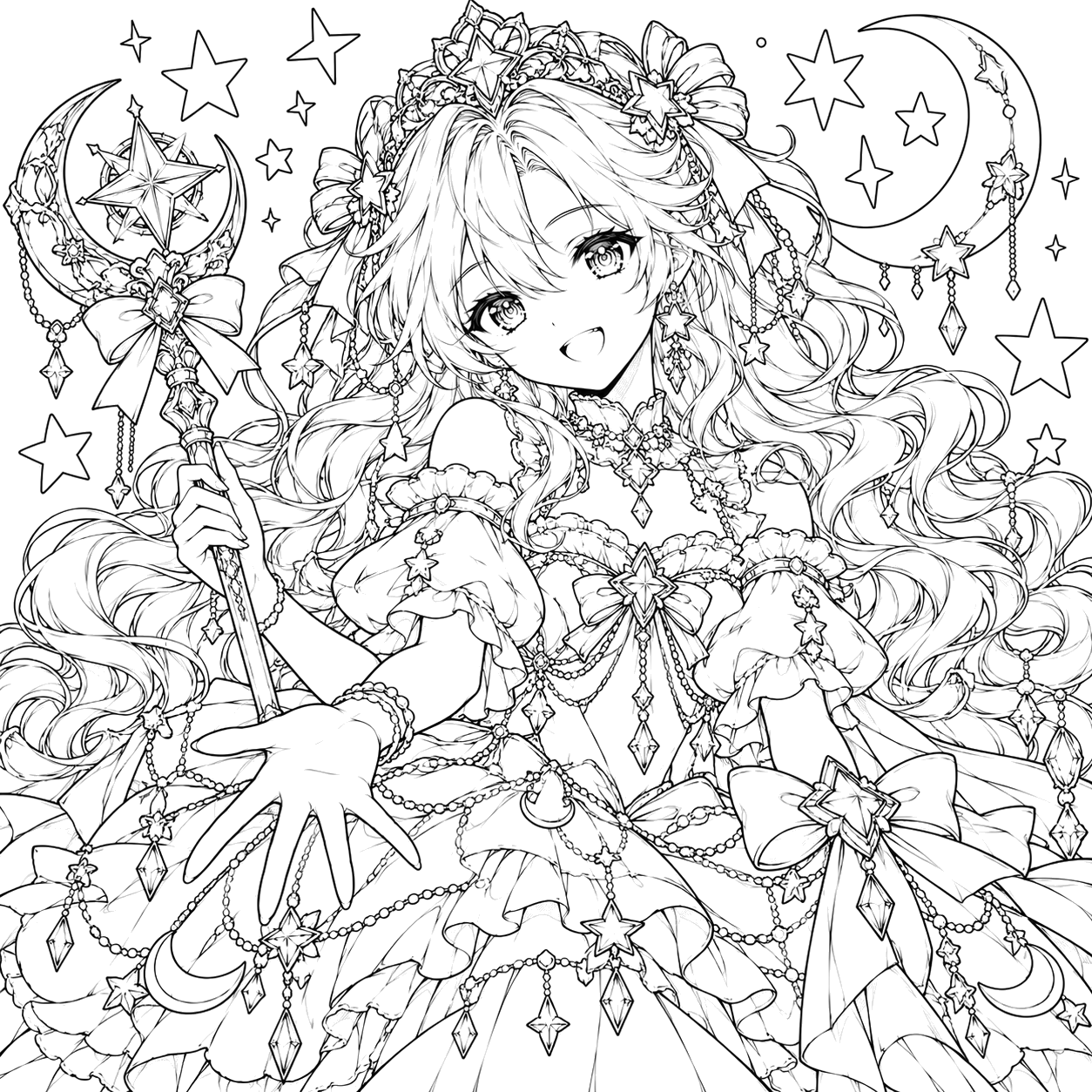 Celestial Star Princess: anime coloring page with detailed line art to print and color