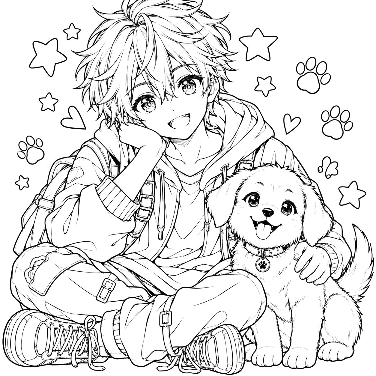 Cheerful Boy and Puppy Adventure: anime coloring page with detailed line art to print and color