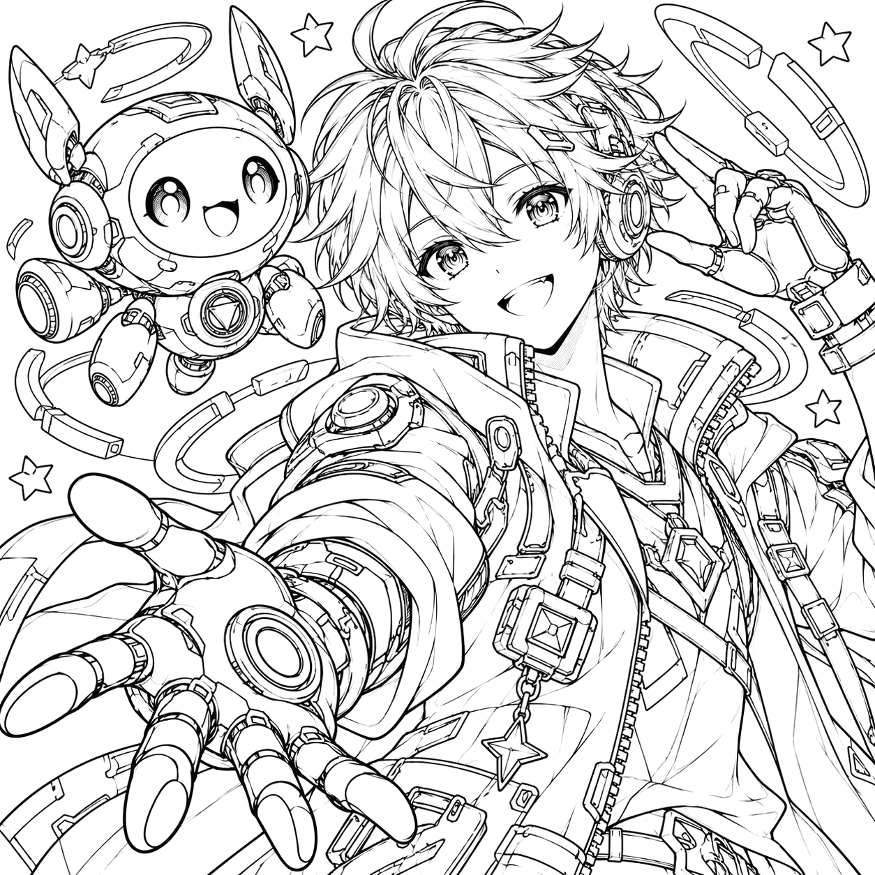 Cheerful Cyber Hero and Orbital Robot: anime coloring page with detailed line art to print and color