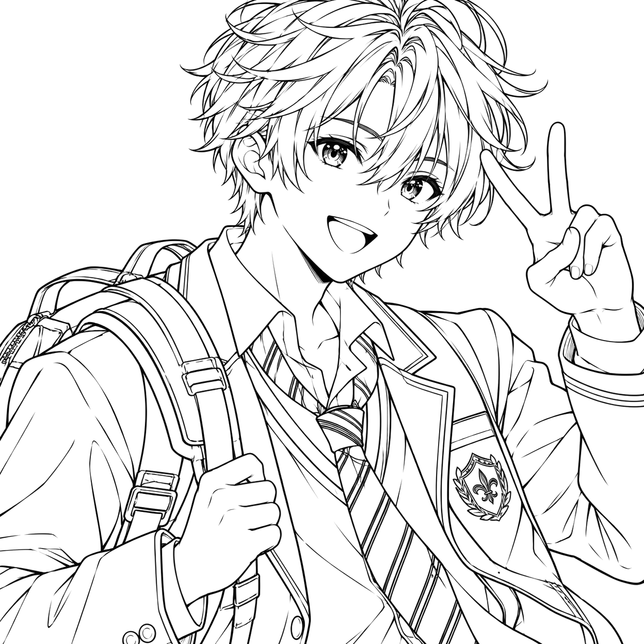 Cheerful Schoolboy Peace Sign: anime coloring page with detailed line art to print and color