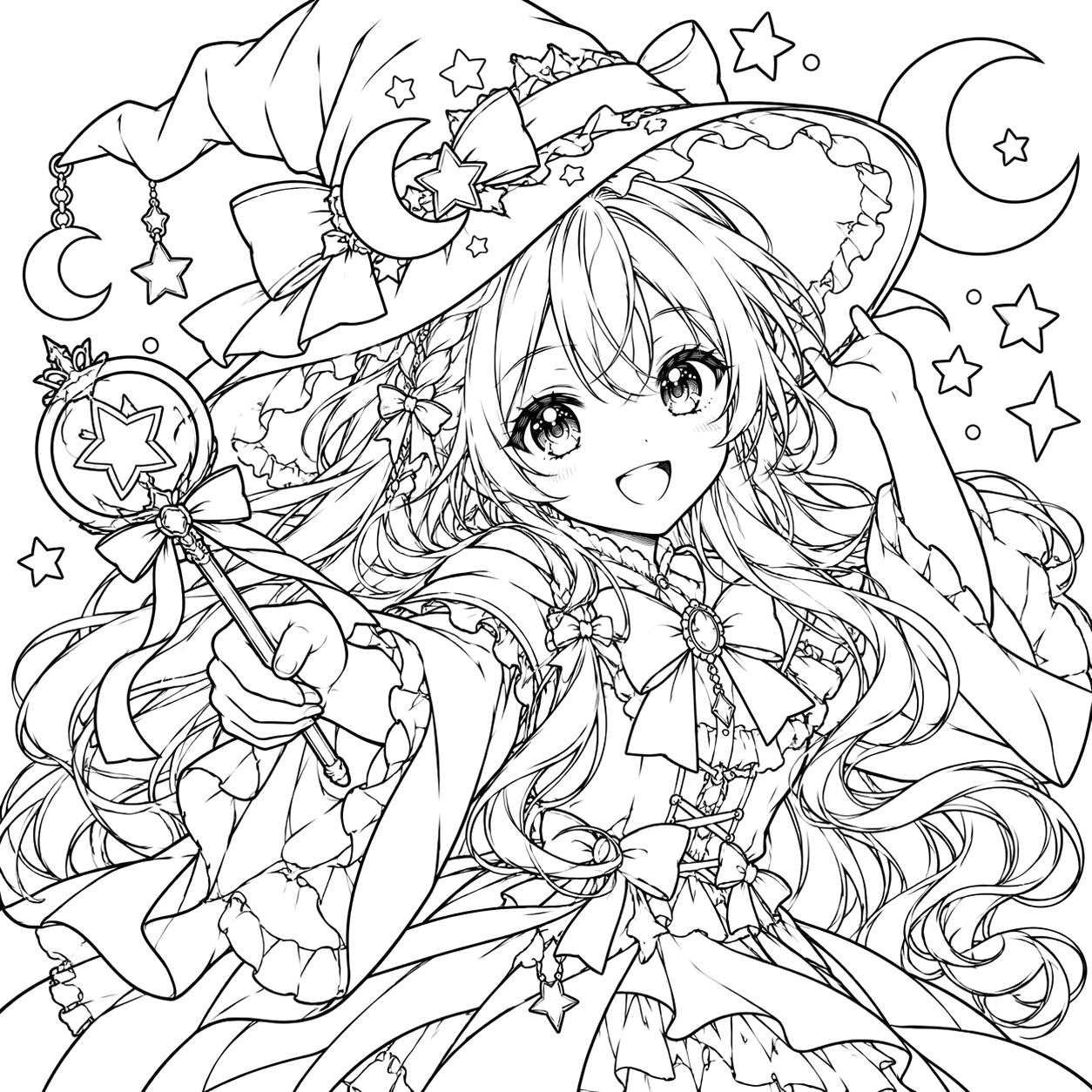 Cheerful Witch with Magic Wand: anime coloring page with detailed line art to print and color